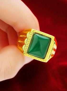 18k黄金色可调节戒指男士高级气质绿色百搭款个性潮流方形指环