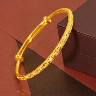 百搭满天星细款手镯18k黄金色999纯金色时尚实心推拉镯子手女环