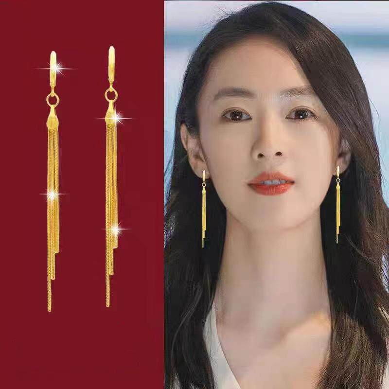 18K黄金色耳线女款耳环复古时尚轻奢耳饰耳坠时尚三线流苏长款