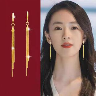18K黄金色耳线女款耳环复古时尚轻奢耳饰耳坠时尚三线流苏长款