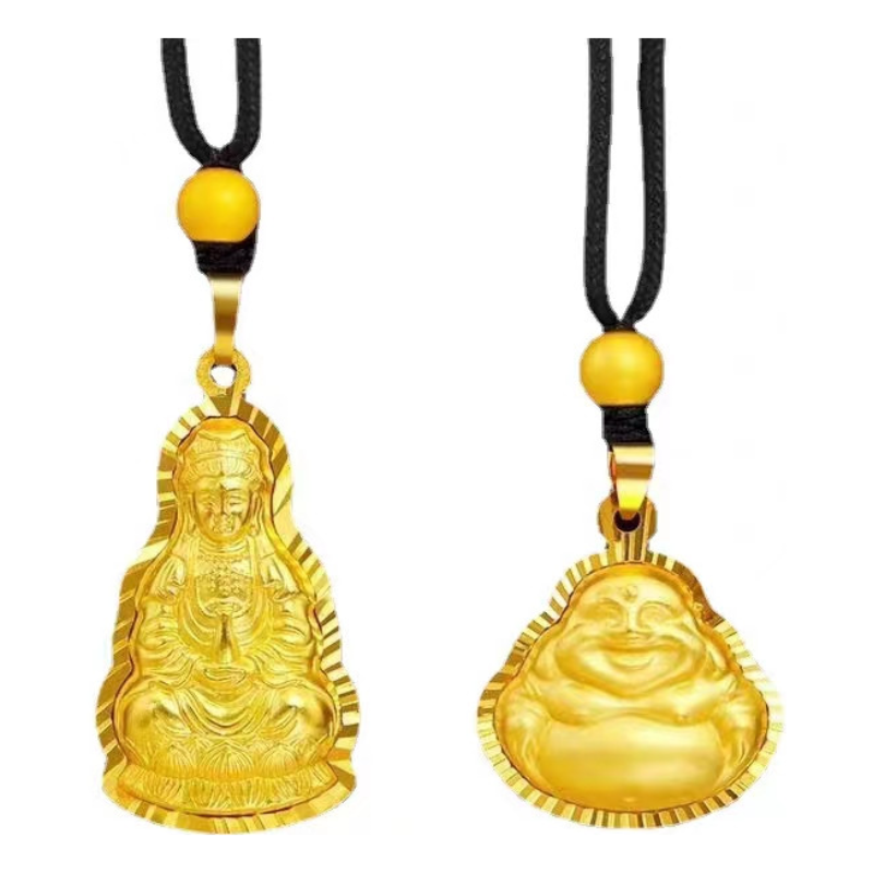 观音佛18K黄金色吊坠菩萨弥勒佛复古项坠佛牌百搭项链男女款