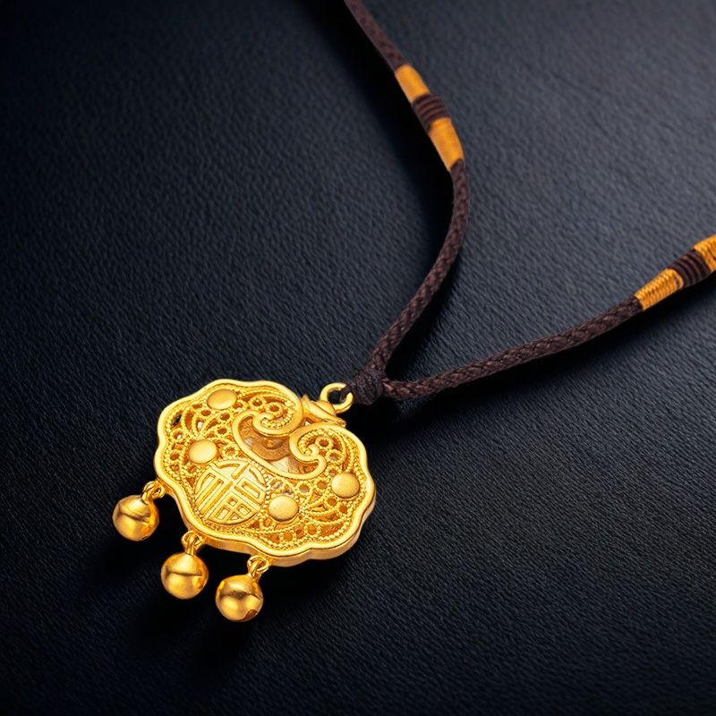 18K黄金色项链女款长命锁吊坠项坠平安锁挂绳宝宝锁首饰送女友