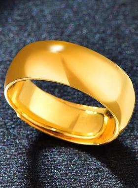加宽18K黄金色戒指素圈光面情侣对戒婚戒男女款开口指环手饰