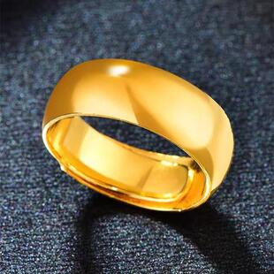 加宽18K黄金色戒指素圈光面情侣对戒婚戒男女款开口指环手饰