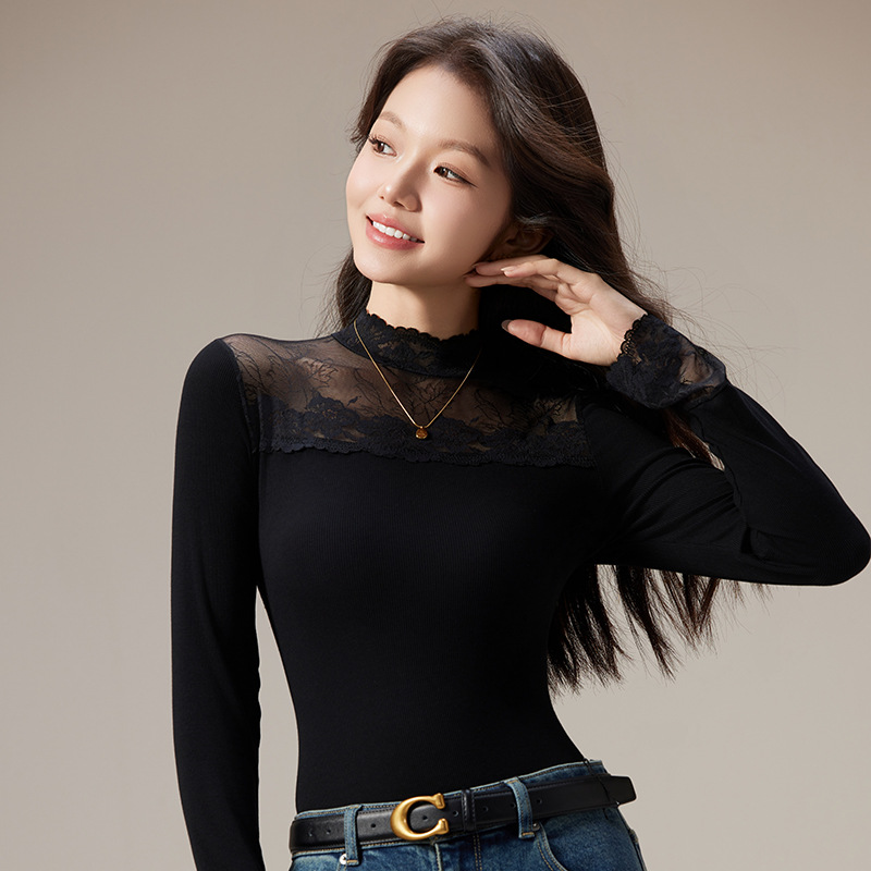 蕾丝上衣女长袖2025秋冬新款大码女装半高领网纱内搭打底衫洋气衫