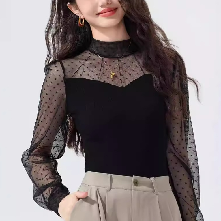 蕾丝上衣女长袖2024秋冬新款大码女装半高领网纱内搭打底衫洋气衫