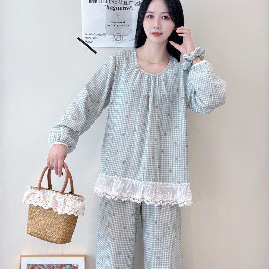 2025韩系早秋新款棉纱套头睡衣套装女蕾丝边长袖长裤带胸垫家居服