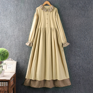 秋装新款女装日系小清新刺绣翻领棉麻碎花长裙双层下摆叠穿连衣裙