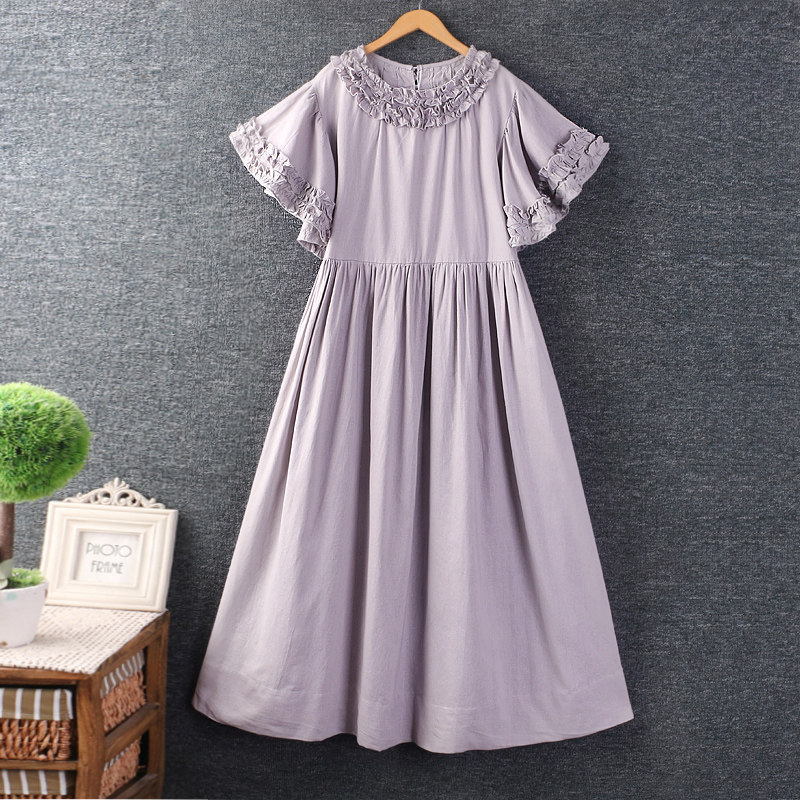 夏装新款女装日系甜美圆领木耳花边飞飞袖棉麻长裙纯色宽松连衣裙