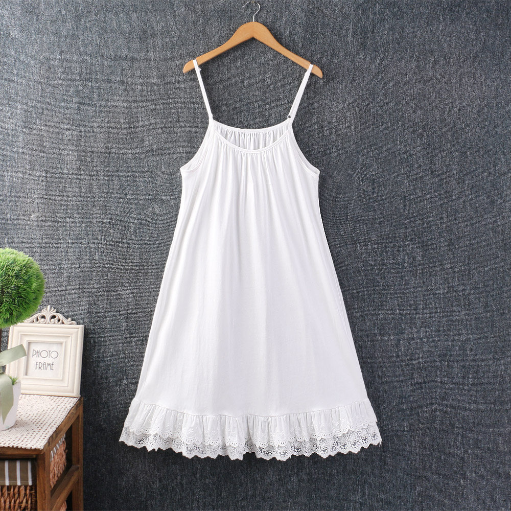 春夏新款女装甜美小清新蕾丝花边棉麻纯色叠穿吊带裙背心连衣裙