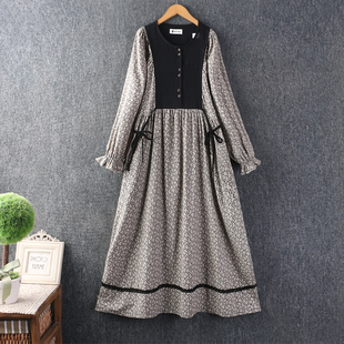 秋装新款女装甜美小清新拼接长袖棉麻连衣裙圆领宽松长裙