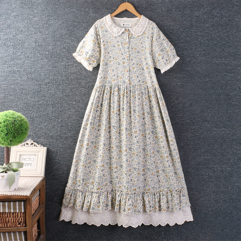 夏装新款女装文艺甜美钩花翻领蕾丝边拼接碎花长裙短袖棉麻连衣裙