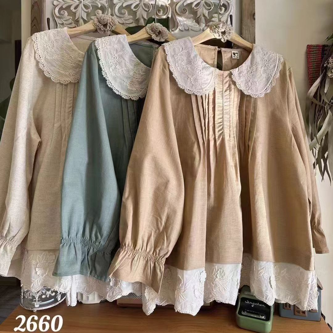 秋装新款女装文艺甜美刺绣娃娃领棉麻纯色套头上衣长袖宽松衬衫