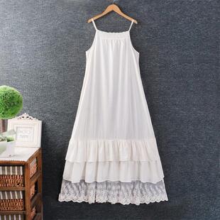 春装新款女日系小清新层层花边蕾丝拼接叠穿吊带裙棉麻纯色连衣裙