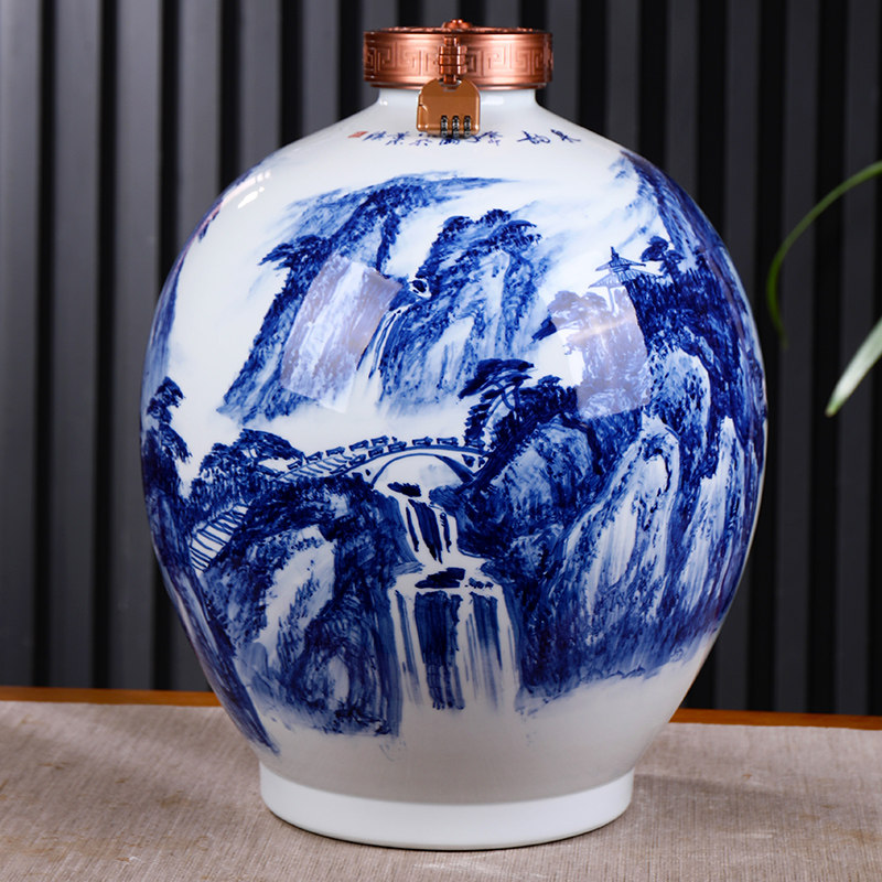 景德镇仿古陶瓷酒瓶 五十斤装手绘青花瓷乡韵泡酒坛子50斤装酒罐