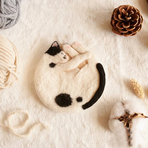 羊毛毡戳戳乐蜷缩猫咪老虎仓鼠隔热杯垫小学生入门手工DIY材料包