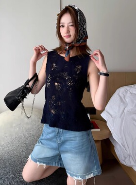 阿秋 复古磨破高腰直筒牛仔短裤四分女夏季简约百搭水洗休闲裤子