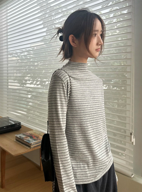 小阿秋韩系条纹半高领打底长袖女气质百搭弹力显瘦内搭休闲上衣
