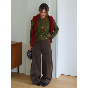 小阿秋老钱风简约百搭加绒弯刀西裤松紧腰中缝休闲裤阔腿裤女冬