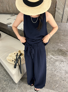 小阿秋含天丝亚麻夏日清凉感背心套装女2026显瘦气质型韩系长裤子
