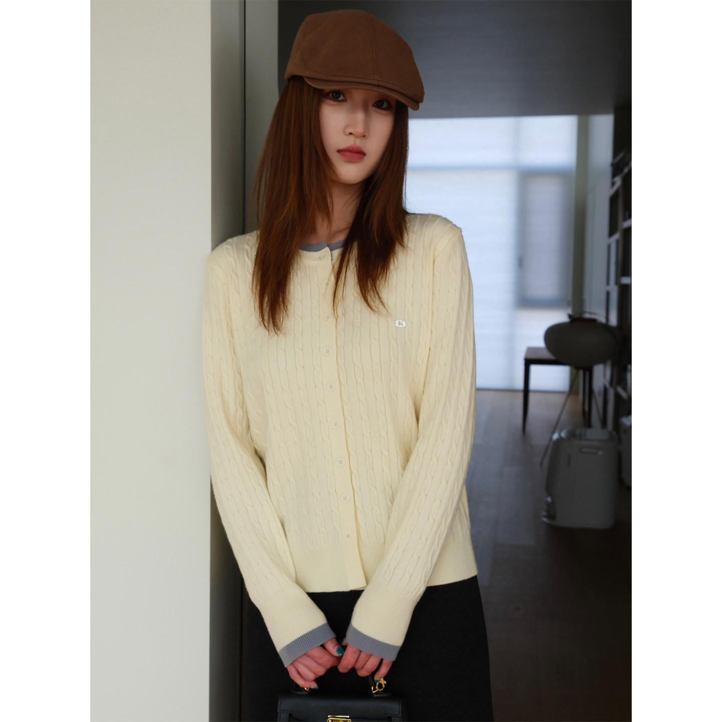 麻花拼接针织毛衣开衫女