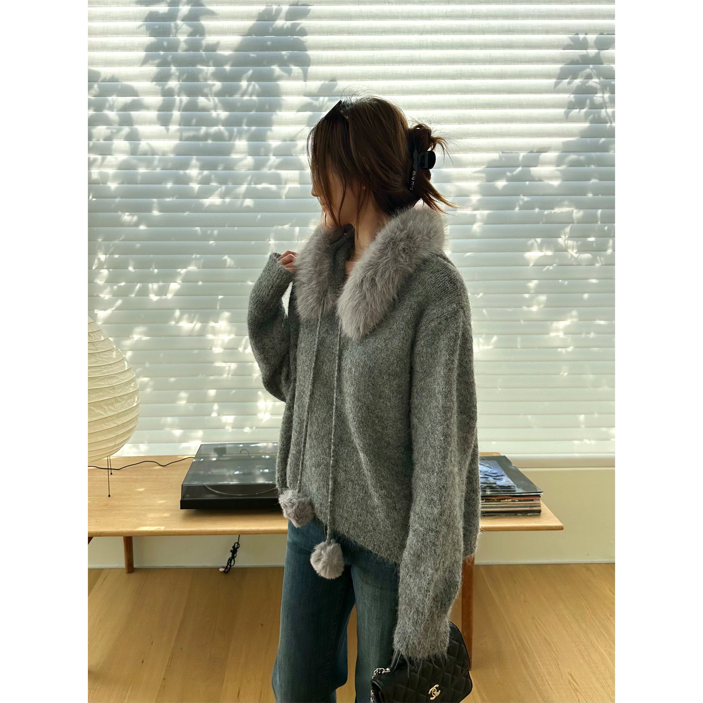 含羊毛可拆卸毛领套头毛衣