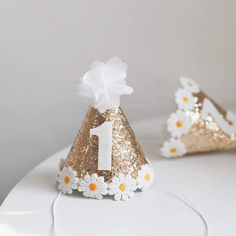 小雏菊可爱尖帽头顶发饰周岁百天宝宝生日派对摄影道具生日帽