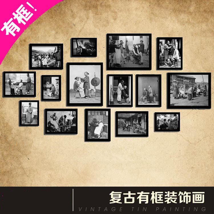 中式覆古美发店装饰画 画剃发匠理髲店发型图片背景墙面装饰发廊