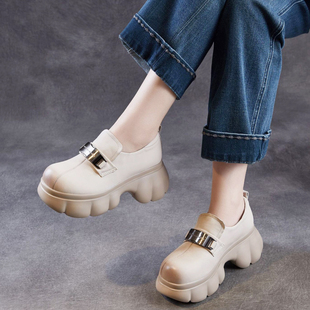 英伦真皮增高7CM厚底乐福鞋 女头层牛皮圆头金属扣休闲松糕底单鞋