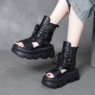 复古罗马真皮增高7CM凉鞋 女夏头层牛皮厚底凉靴松糕底休闲鱼嘴鞋