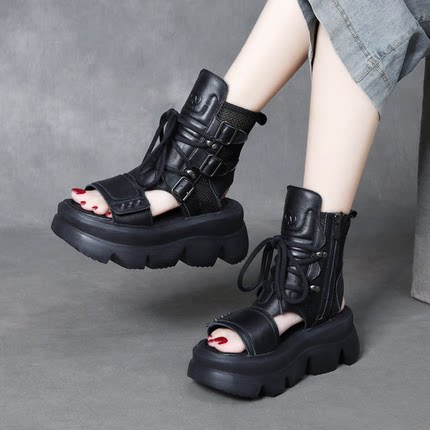 复古罗马真皮增高7CM凉鞋女夏头层牛皮厚底凉靴松糕底休闲鱼嘴鞋