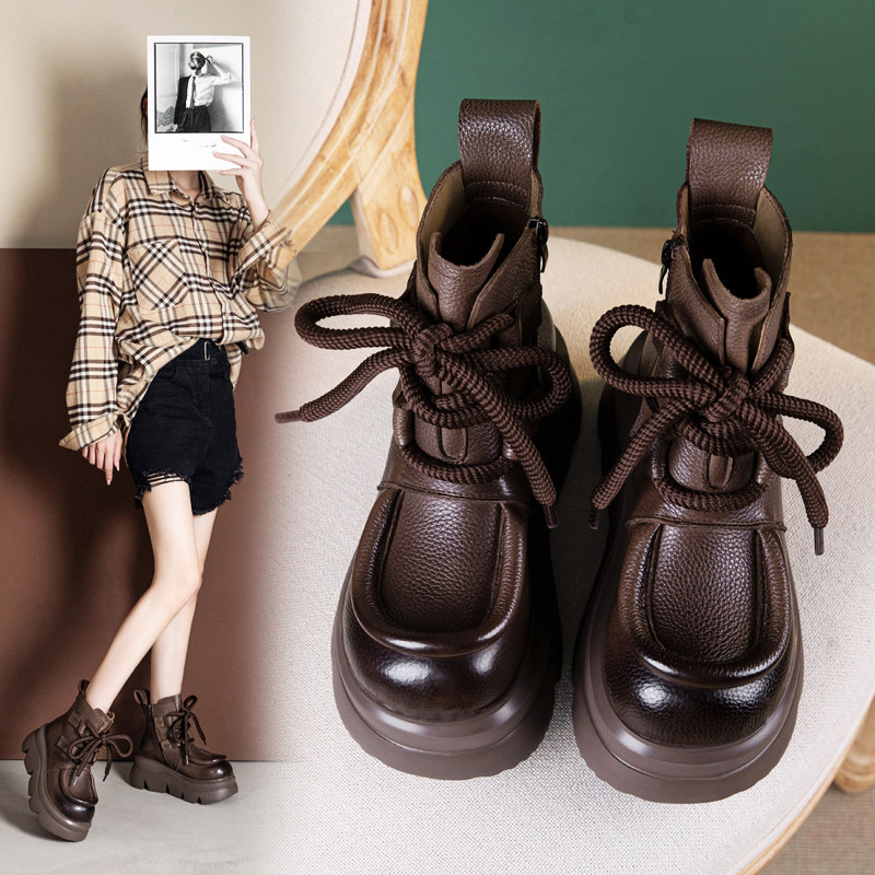 时尚潮真皮马丁靴女秋冬加绒保暖牛皮纯手工短筒机车靴软底高帮鞋