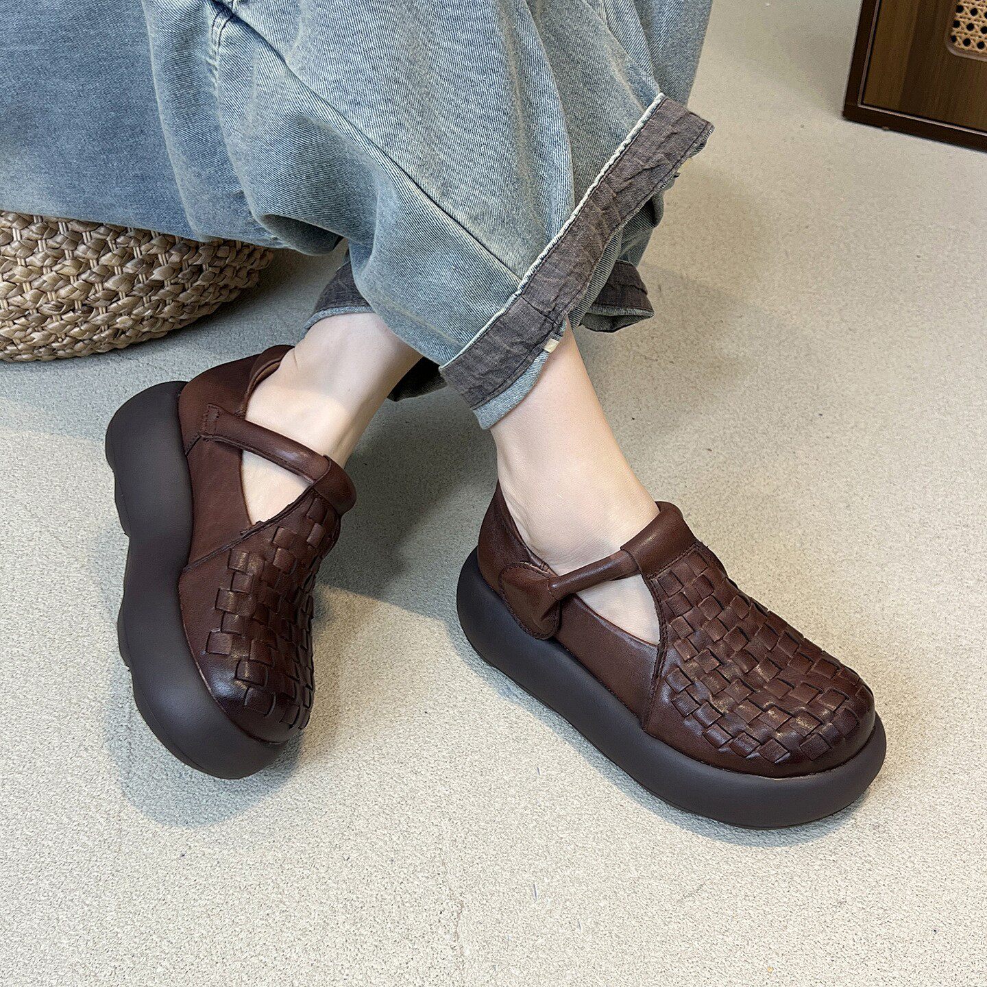 复古真皮纯手工编织单鞋女牛皮松糕厚底圆头时尚休闲魔术贴低帮鞋