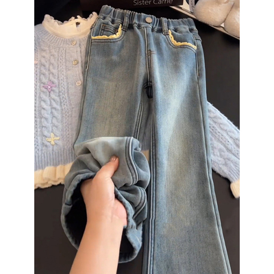 女童牛仔裤秋冬季2025新款洋气儿童加绒加厚微喇裤子一体绒喇叭裤
