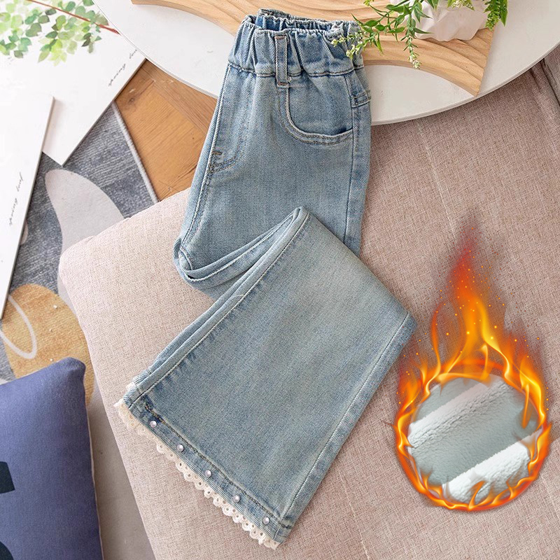 女大童喇叭裤秋冬2025新款洋气韩版加绒牛仔裤小女孩儿童马蹄裤子