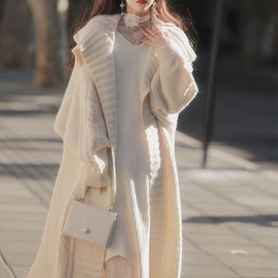 设计感中长款大翻领休闲风针织开衫毛衣外套韩版宽松时尚潮流新款