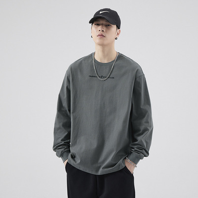 美式重磅纯棉长袖T恤男士潮牌春秋百搭卫衣男春季宽松休闲打底衫