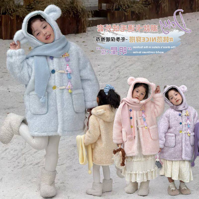 女童加绒外套冬季2025新款儿童连帽加厚毛毛衣洋气宝宝甜美上衣潮