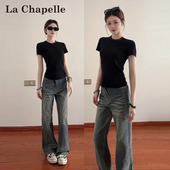 t恤女2026新款 夏季 正肩半袖 拉夏贝尔黑色圆领短款 修身 紧身上衣