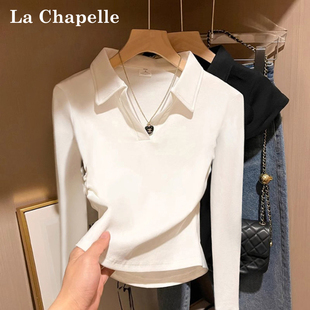 拉夏贝尔Polo领正肩长袖打底衫女内搭春秋冬新款纯棉修身显瘦上衣