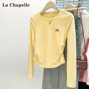 拉夏贝尔奶黄色正肩打底衫 修身 长袖 T恤女褶皱显瘦上衣 女内搭秋季