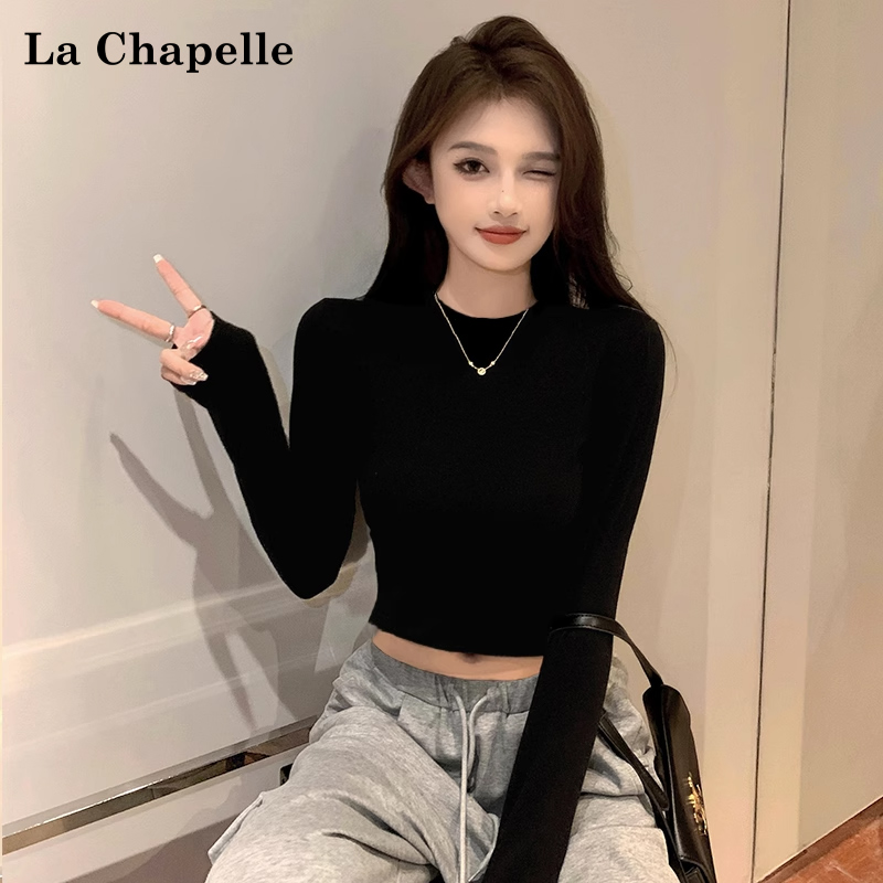 拉夏贝尔黑色纯棉小高领打底衫女春秋冬短款内搭长袖上衣高腰长袖