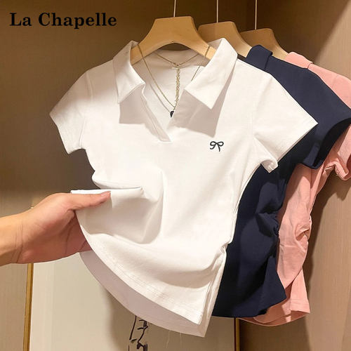 短袖t恤女polo领蝴蝶结褶皱上衣