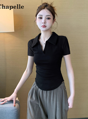拉夏贝尔黑色短袖T恤女夏季新款气质正肩百搭POLO衫纯棉翻领上衣