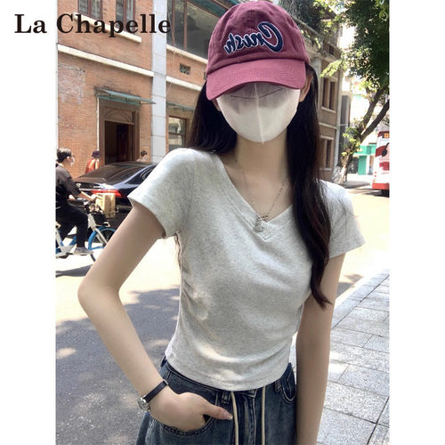 拉夏贝尔灰色V领短袖T恤女夏季褶皱收腰飞飞袖甜辣妹韩版修身上衣