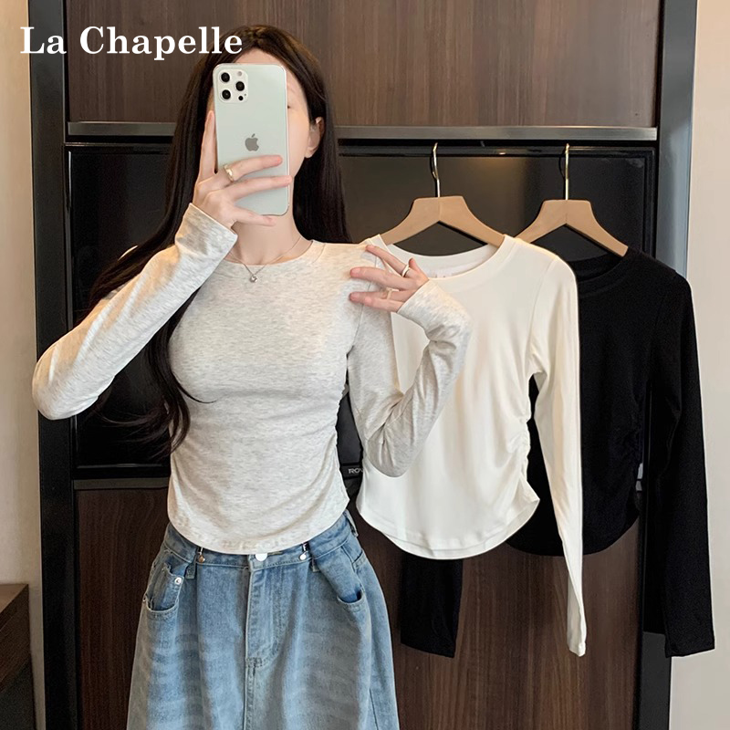 拉夏贝尔圆领内搭打底衫秋冬新款修身收腰洋气百搭正肩长袖上衣潮