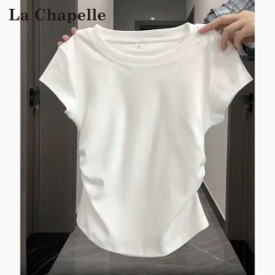 不规则上衣 胖mm收腰遮肚显瘦短款 拉夏贝尔白色正肩短袖 t恤女夏季