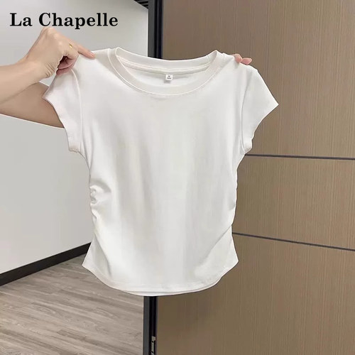 拉夏贝尔白色正肩短袖T恤女夏季2025新款圆领小飞袖抽褶收腰上衣