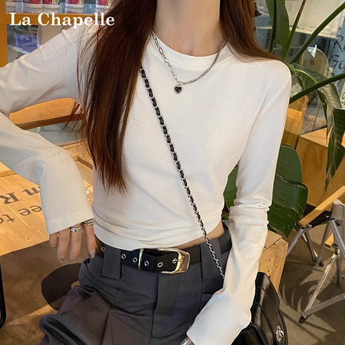 拉夏贝尔短款打底衫女内搭春秋冬新款螺纹上衣设计感百搭长袖T恤