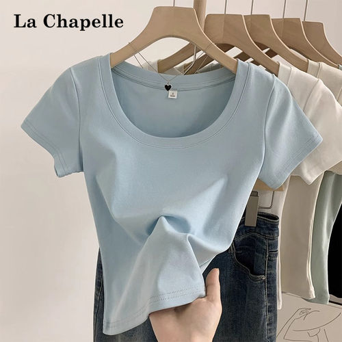 拉夏贝尔蓝色大U领口短袖t恤女夏季2026新款短款正肩美式修身上衣